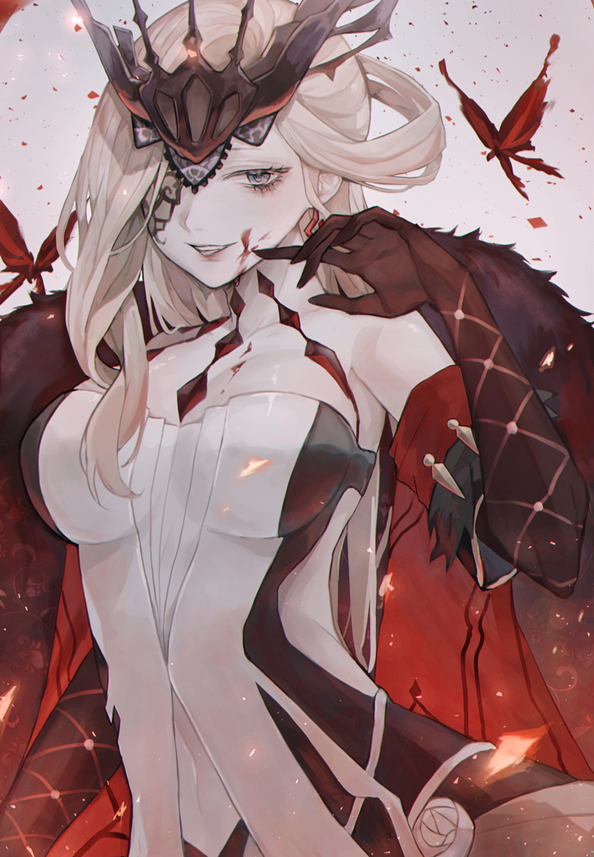1girl, absurdres, black_cloak, black_gloves, blonde_hair, blood, blood_on_face, blue_eyes, bug, butterfly, cloak, covered_navel, cowboy_shot, detached_sleeves, dress, earrings, elbow_gloves, finger_to_own_chin, fur-trimmed_cloak, fur_trim, genshin_impact, gloves, grey_background, hand_up, highres, insect, jewelry, long_hair, looking_to_the_side, mask, mask_on_head, myunn_aa, one_eye_covered, parted_lips, signora_(genshin_impact), solo, standing, strapless, strapless_dress