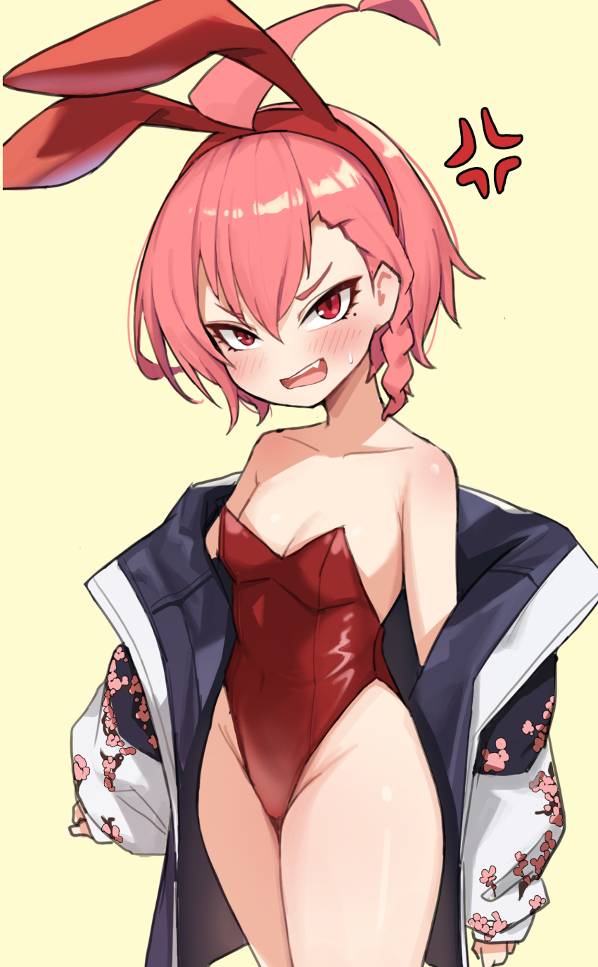 1girl, absurdres, ahoge, anger_vein, animal_ears, bare_legs, bare_shoulders, blue_archive