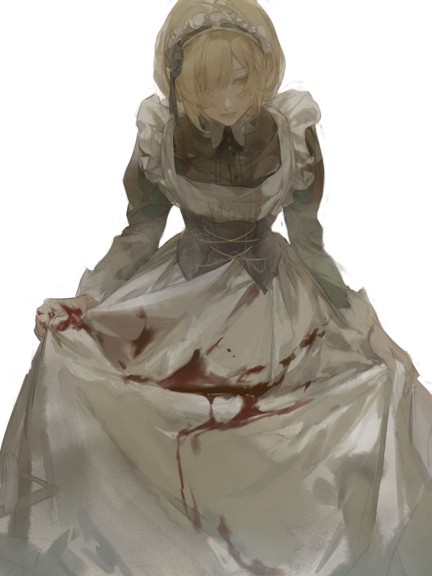 1girl, blonde_hair, blood, blood_on_clothes, blood_on_hands, blue_eyes, blunt_bangs, buttons, corset, cowboy_shot, dress, hair_over_one_eye, highres, holding_own_dress, long_sleeves, looking_to_the_side, maid, maid_headdress, one_eye_covered, original, rd_chet, short_hair, simple_background, solo, standing, white_background, white_dress