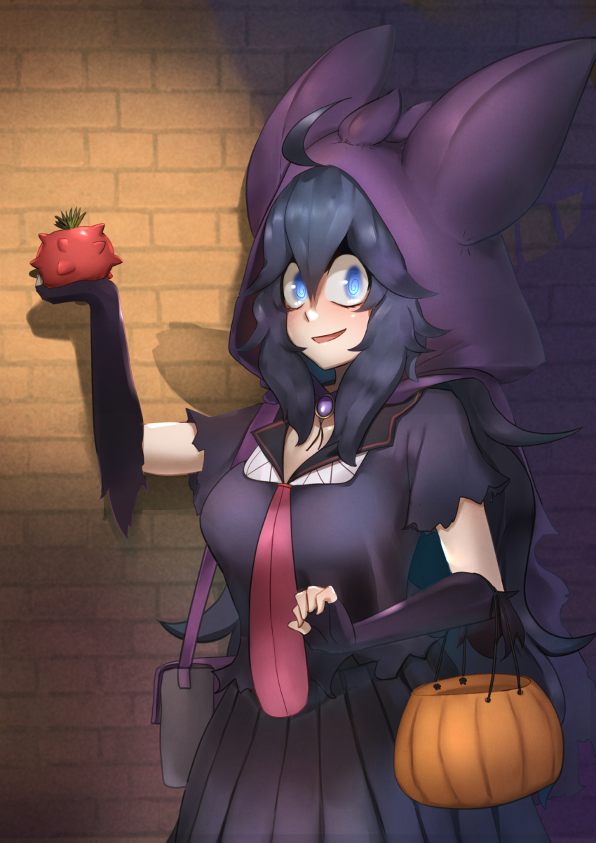1girl, @_@, ahoge, alternate_costume, bag, berry_(pokemon), black_gloves, black_hair