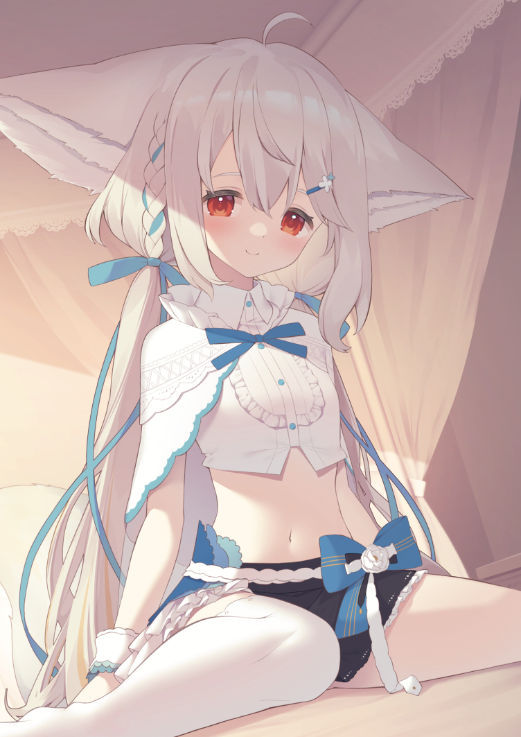 1girl, ahoge, animal_ear_fluff, animal_ears, ariel23795, bare_shoulders, blouse, braid