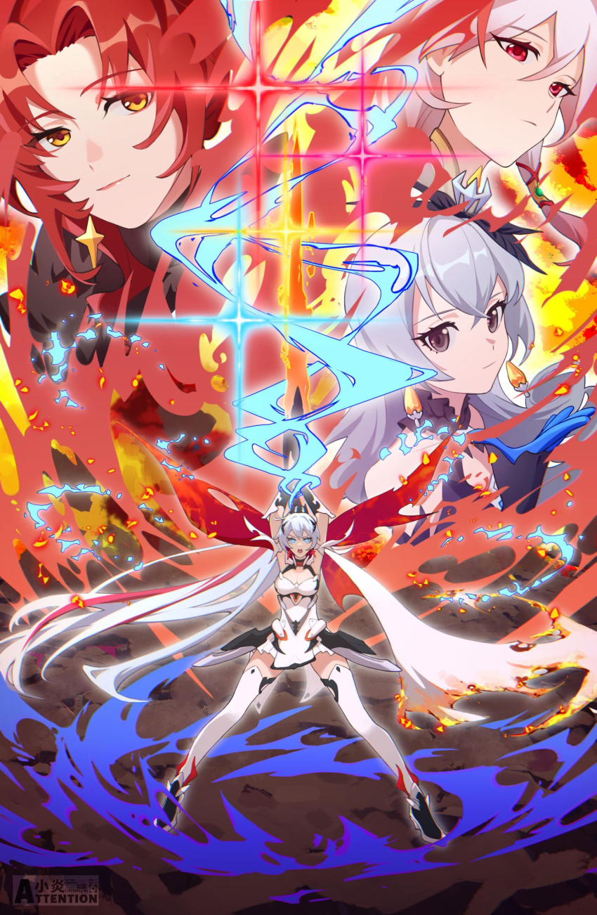 4girls, :o, armor, arms_up, bare_shoulders, blue_eyes, boots, bronya_zaychik