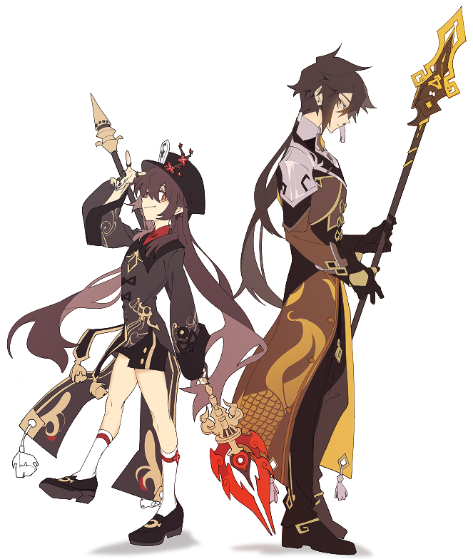 1boy, 1girl, :|, black_footwear, black_gloves, black_hair, black_headwear, black_nails