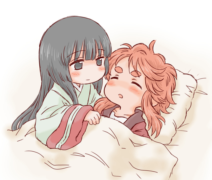 2girls, arunsu92, black_hair, blanket, blush, closed_eyes, female_focus, japanese_clothes