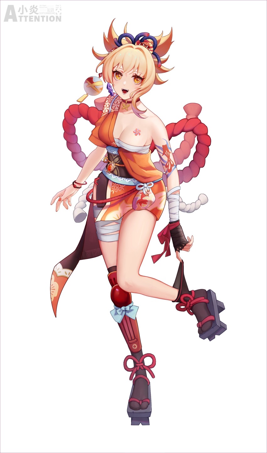 1girl, :d, absurdres, black_gloves, black_thighhighs, bracelet, breasts, cleavage, fingerless_gloves, flip-flops, full_body, genshin_impact, gloves, hair_between_eyes, hair_ornament, highres, homura2414, japanese_clothes, jewelry, kimono, open_mouth, orange_eyes, orange_hair, orange_kimono, sandals, sarashi, short_sleeves, simple_background, single_glove, smile, solo, tattoo, thighhighs, white_background, yoimiya_(genshin_impact)