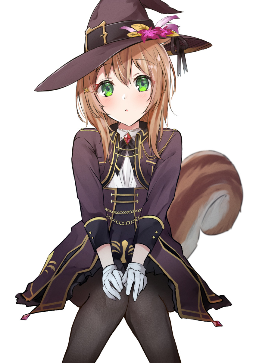 1girl, animal_ears, ayunda_risu, ayunda_risu_(fall_casual), black_pantyhose, blush, brown_hair, brown_hat