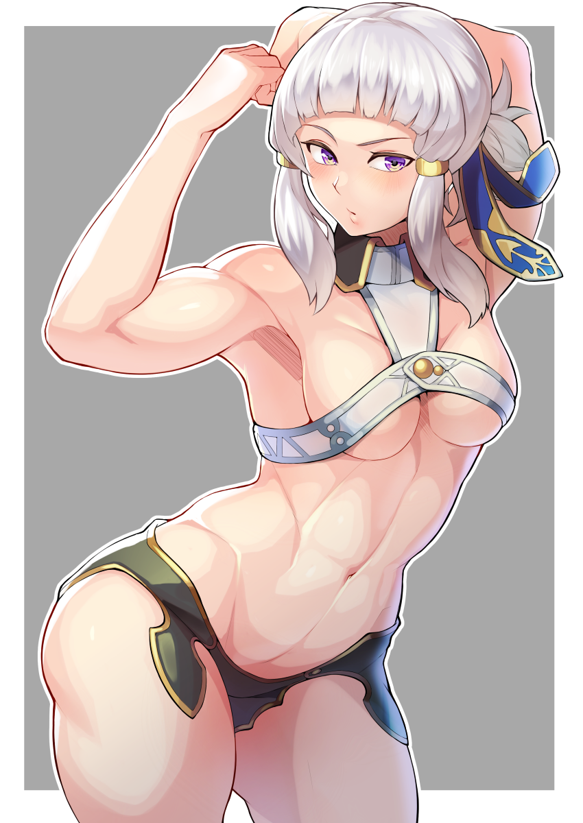 1girl, abs, armpits, arms_behind_head, arms_up, bandeau, bare_shoulders, biceps