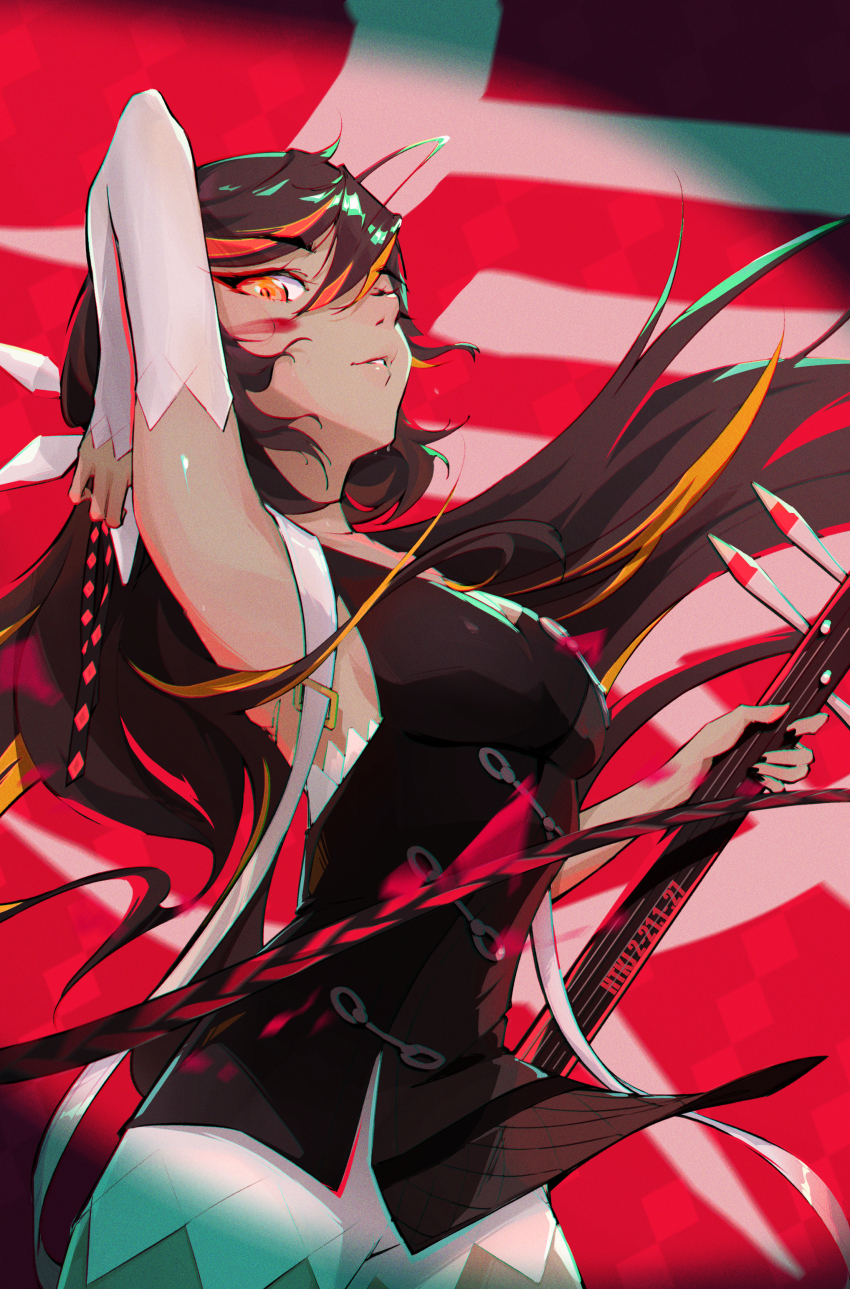 1girl, absurdres, alternate_hairstyle, black_dress, black_hair, black_nails, breasts, china_dress