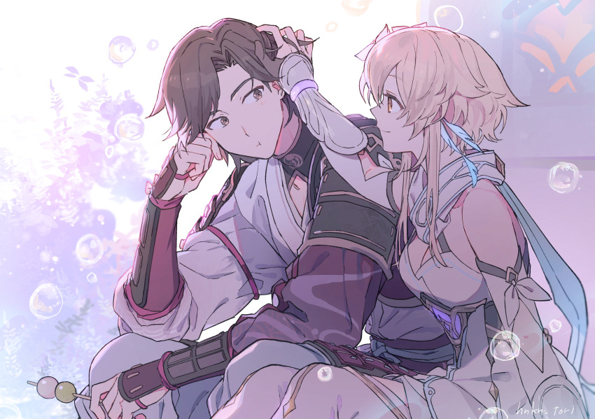 1boy, 1girl, :t, absurdres, armor, bare_shoulders, blonde_hair, breasts