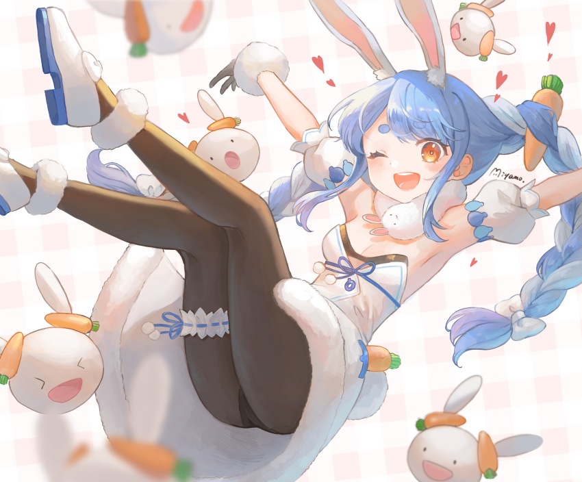 1girl, ;d, absurdres, animal_ears, artist_name, black_gloves, black_pantyhose, blue_hair