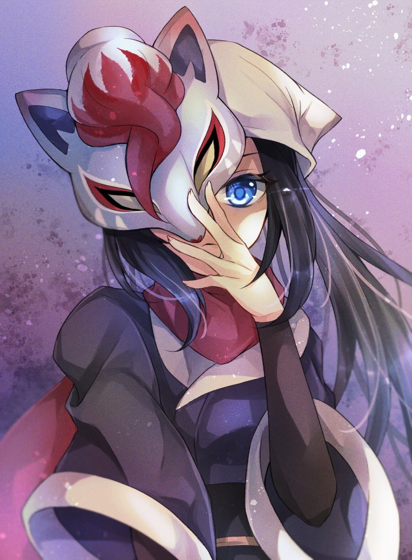 1girl, akari_(pokemon), black_hair, blue_eyes, blue_kimono, character_mask, closed_mouth, commentary_request