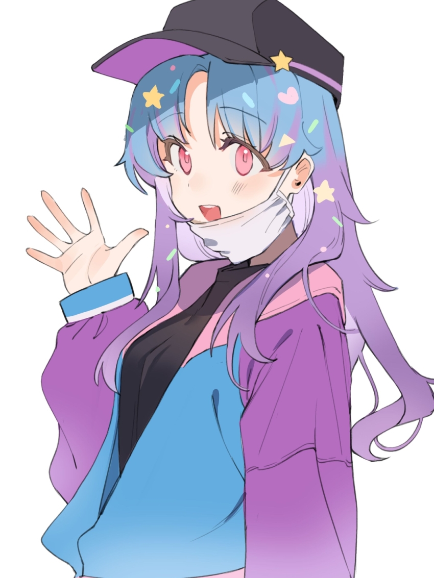 1girl, bad_id, bad_pixiv_id, baseball_cap, black_hat, black_shirt, blue_hair, blue_jacket, blush, breasts, commentary, confetti, cookie_run, cookie_run:_ovenbreak, genderswap, genderswap_(mtf), gradient_hair, hair_ornament, hat, heart, heart_hair_ornament, highres, hufy, humanization, jacket, long_hair, mask, mouth_mask, multicolored_hair, multicolored_jacket, parted_bangs, partially_unzipped, pink_eyes, popping_candy_cookie, purple_hair, purple_sleeves, shirt, solo, star_(symbol), star_hair_ornament, surgical_mask, upper_body, waving