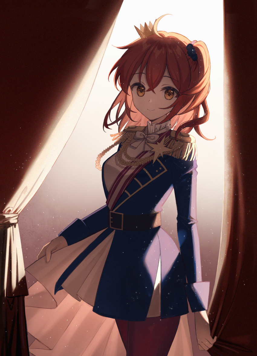 1girl, ahoge, aiguillette, backlighting, belt, blue_jacket, breasts, brown_pantyhose
