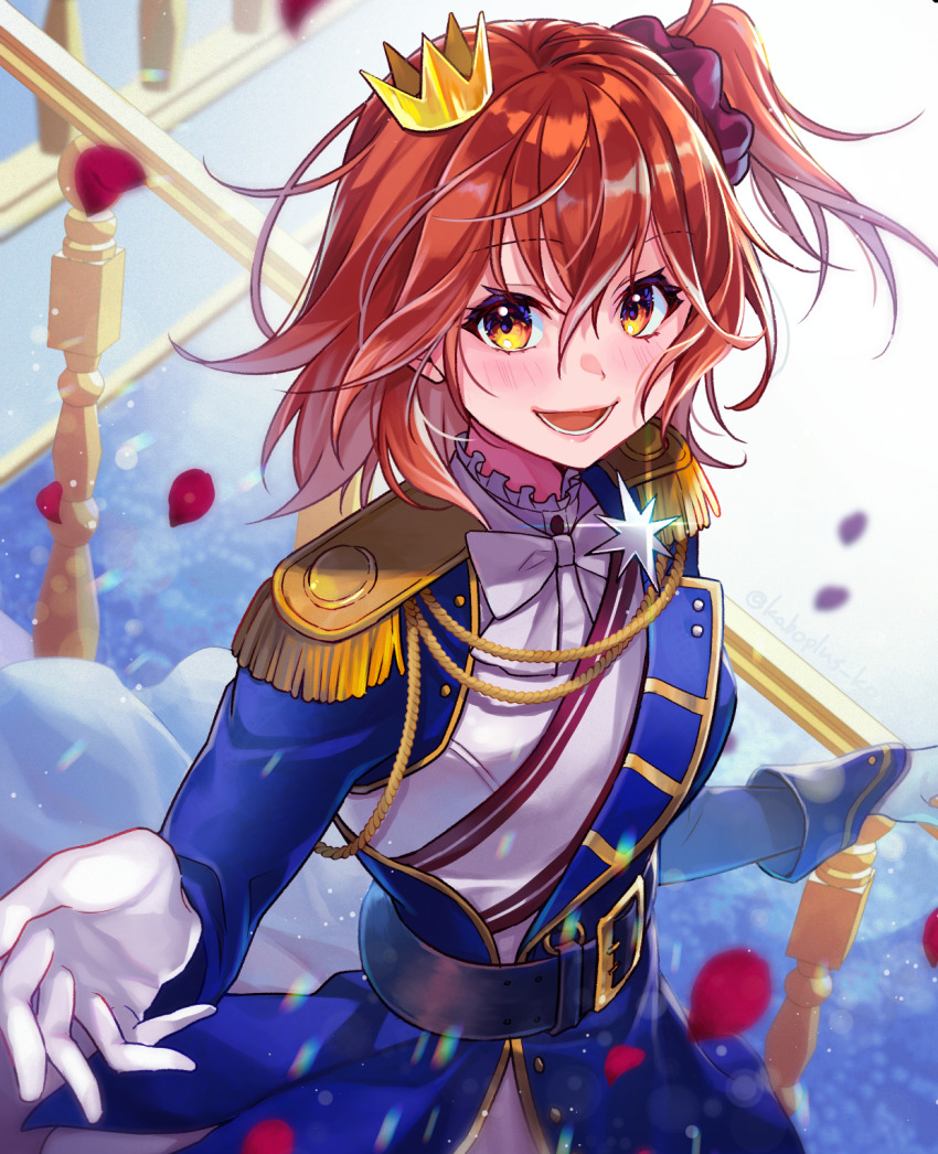 1girl, ahoge, aiguillette, belt, blue_jacket, breasts, crown, epaulettes