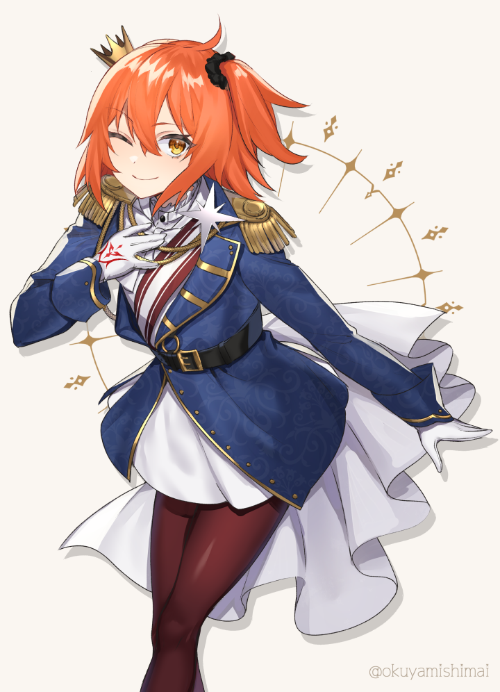 1girl, ahoge, aiguillette, belt, blue_jacket, breasts, brown_pantyhose, command_spell