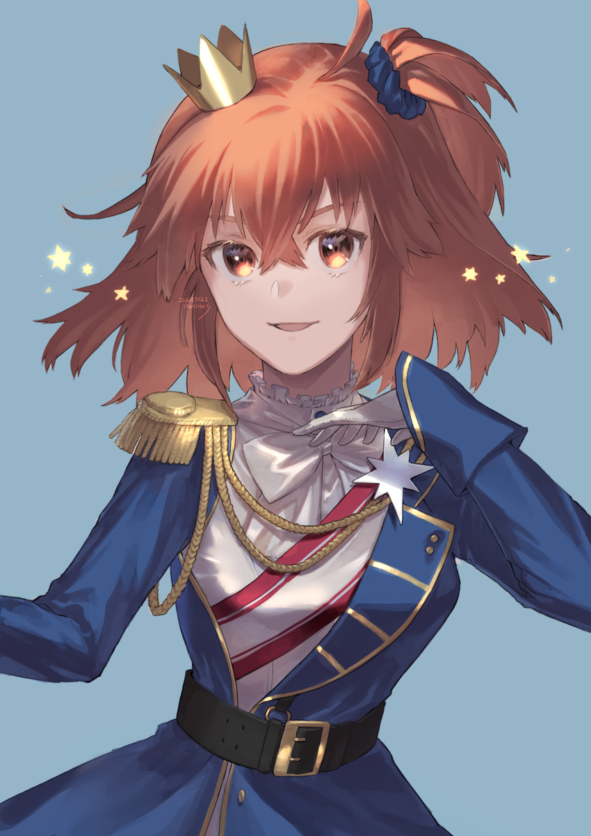 1girl, ahoge, aiguillette, belt, blue_jacket, breasts, crown, epaulettes