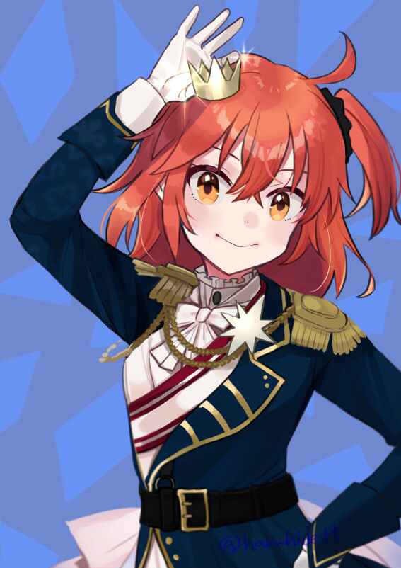 1girl, ahoge, aiguillette, belt, blue_jacket, breasts, crown, epaulettes