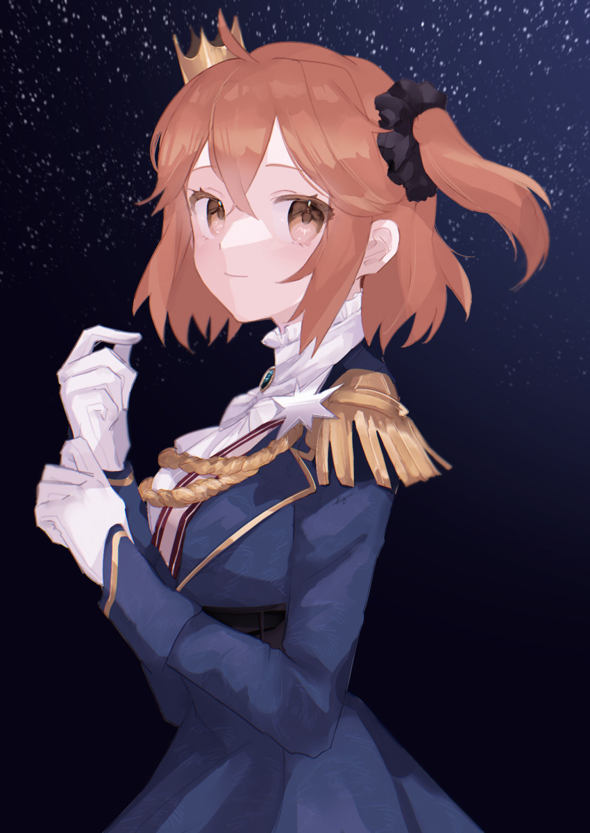 1girl, ahoge, aiguillette, belt, blue_jacket, breasts, crown, epaulettes