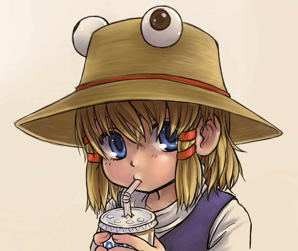 1girl, blonde_hair, blue_eyes, brown_background, cup, drinking, drinking_straw, female_focus
