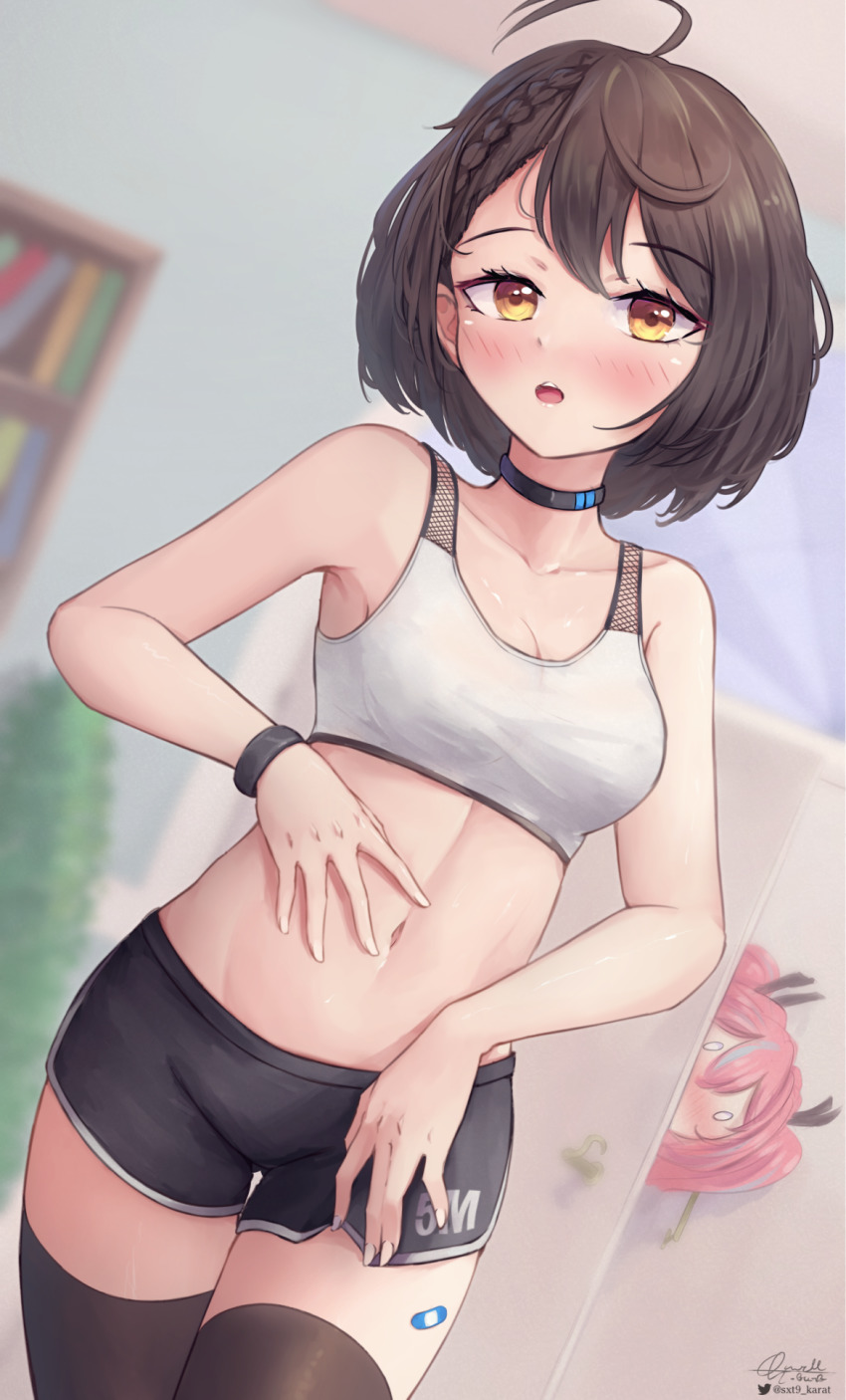 0_0, 2girls, ahoge, armpits, azur_lane, baltimore_(azur_lane), baltimore_(black_ace)_(azur_lane), bandaid, bandaid_on_leg, bare_shoulders, black_choker, black_legwear, black_shorts, blush, bookshelf, braid, breasts, bremerton_(azur_lane), brown_hair, choker, cleavage, collarbone, commentary, cowboy_shot, d.birb, dolphin_shorts, door, french_braid, grey_hair, groin, hair_between_eyes, hand_on_own_stomach, highres, indoors, long_hair, looking_at_viewer, medium_breasts, midriff, multicolored_hair, multiple_girls, navel, nose_blush, open_mouth, peeking_out, pink_hair, plant, potted_plant, short_hair, short_shorts, shorts, sidelocks, signature, solo_focus, sports_bra, spread_navel, standing, streaked_hair, teeth, thighhighs, twintails, twitter_username, two-tone_hair, upper_teeth_only, white_sports_bra, wristband, yellow_eyes
