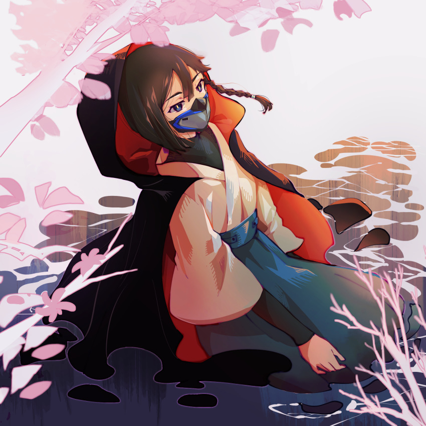 1girl, akaruc, black_cloak, black_hair, blue_eyes, blue_skirt, braid, cloak, f_(star_wars), flat_chest, highres, hood, hooded_cloak, looking_up, mask, mouth_mask, petals, robe, seiza, short_hair, sitting, skirt, solo, star_wars, star_wars:_visions, water