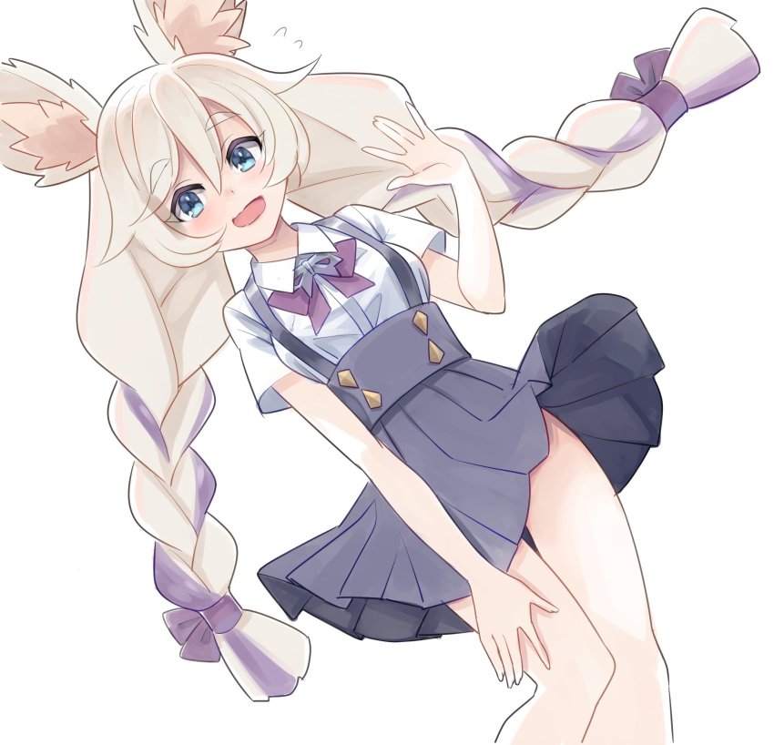 1girl, alternate_costume, animal_ear_fluff, animal_ears, black_skirt, blonde_hair, blue_eyes, blush
