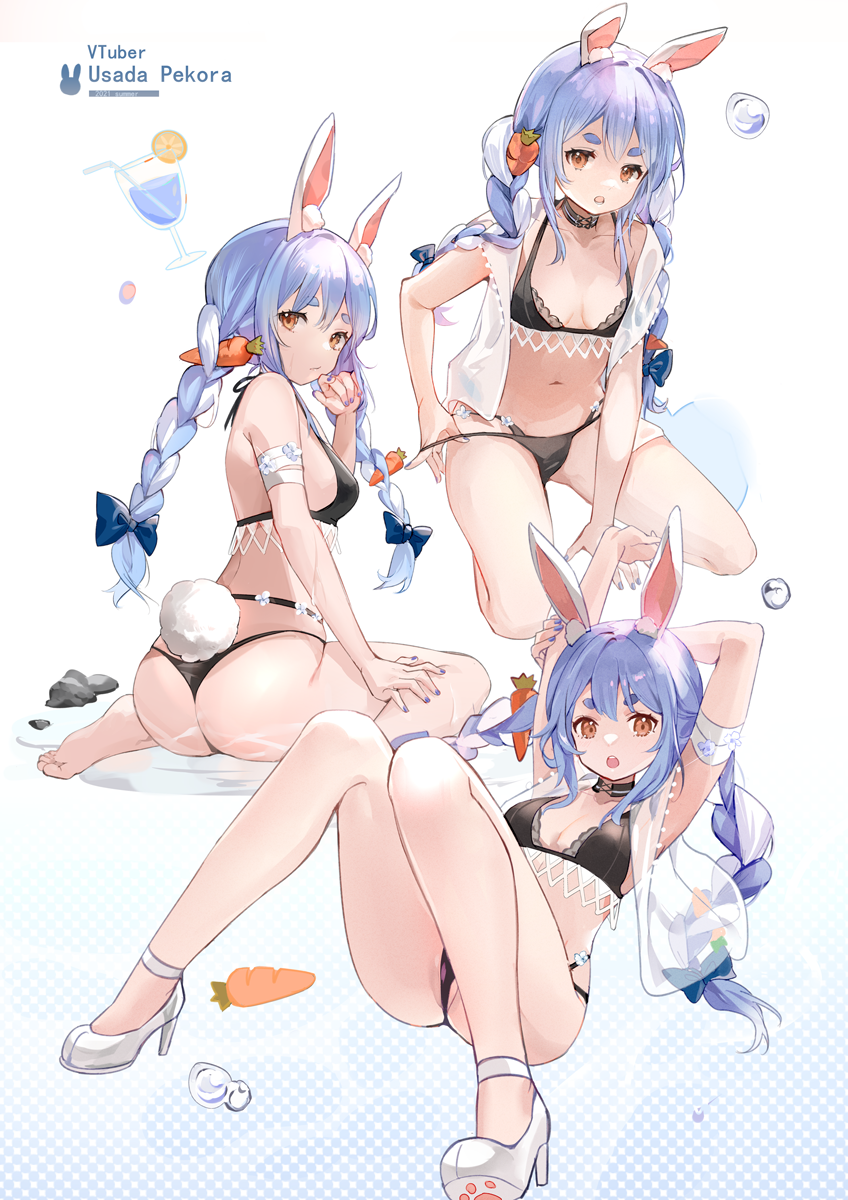 1girl, adapted_costume, alternate_costume, animal_ears, ass, barefoot, bikini, black_bikini, blue_nails, braid, breasts, carrot, carrot_hair_ornament, character_name, choker, cleavage, drinking_straw, fingernails, food, food-themed_hair_ornament, fruit, hair_ornament, high_heels, highres, hololive, lemon, lemon_slice, long_hair, looking_at_viewer, multicolored_hair, nail_polish, navel, open_mouth, orange_eyes, rabbit_ears, rabbit_girl, rabbit_tail, rero_(bigdoorbig2), rock, scowl, shirt, small_breasts, solo, strappy_heels, swimsuit, tail, thong_bikini, twin_braids, two-tone_hair, usada_pekora, very_long_hair, virtual_youtuber, water, white_background, white_shirt