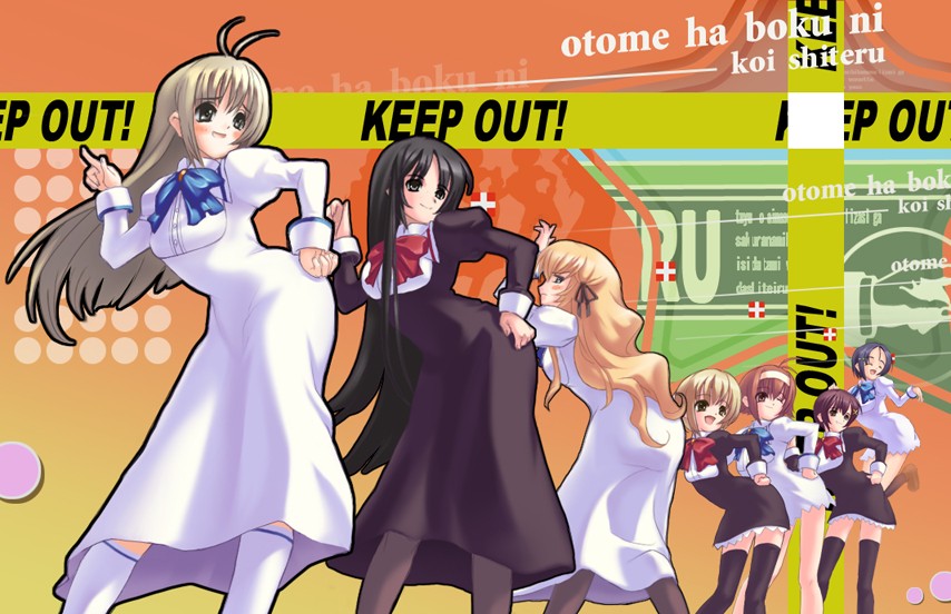 00s, 1boy, 6+girls, caution_tape, ga_rune_pose, galaxy_angel, galaxy_angel_rune, itsukushima_takako