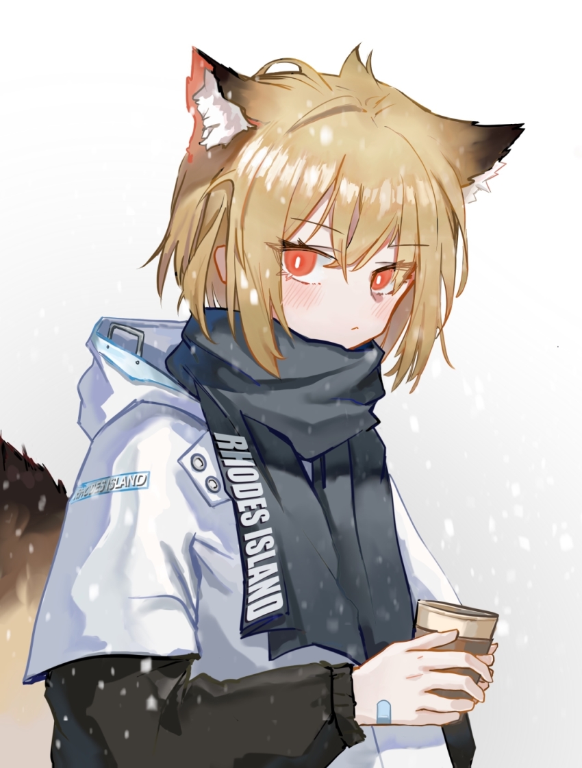 1girl, alternate_costume, animal_ear_fluff, animal_ears, arknights, bandaid, bandaid_on_hand, black_scarf, black_sleeves, blush, clothes_writing, commentary, cup, extra_ears, fox_ears, fox_girl, fox_tail, grey_background, highres, holding, holding_cup, hood, hood_down, hooded_jacket, jacket, long_sleeves, looking_at_viewer, orange_eyes, orca_(dragooon-yike), scarf, short_hair, simple_background, snow, tail, upper_body, vermeil_(arknights), white_jacket