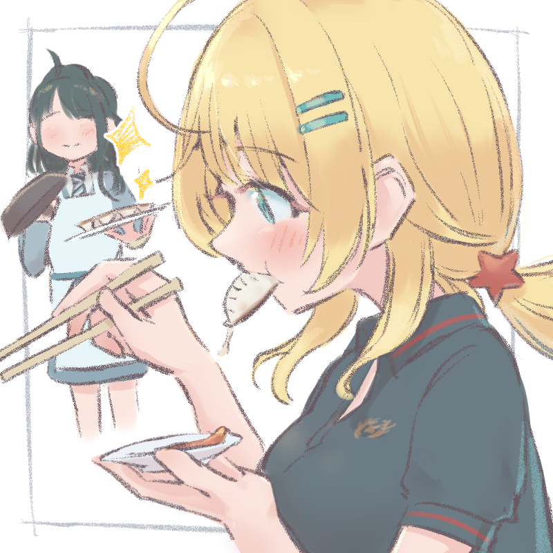 2girls, black_hair, blonde_hair, blurry, breasts, chopsticks, depth_of_field, eating