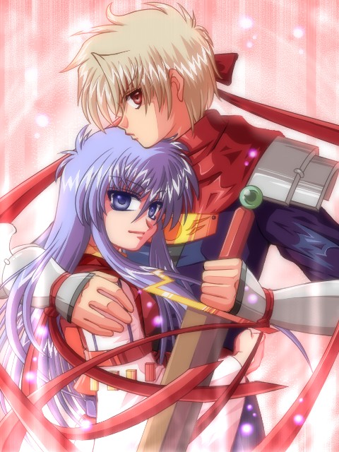 arc_(arc_the_lad), arc_the_lad, arc_the_lad_i, armor, brown_eyes, brown_hair, couple, headband, japanese_clothes, kukuru_(arc_the_lad), long_hair, purple_eyes, purple_hair, short_hair, sword, takeuchi_(pixiv48797), weapon