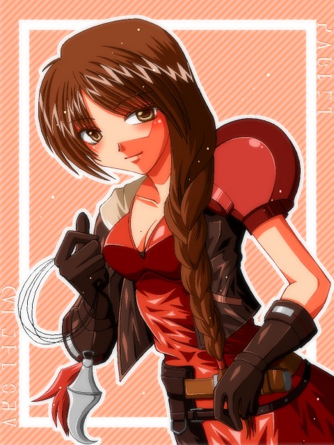 1girl, arc_the_lad, arc_the_lad_twilight_of_the_spirits, armor, blush, breasts, brown_eyes, brown_hair, cleavage, female_focus, gloves, long_hair, mole, paulette_(arc_the_lad), shoulder_pads, solo, takeuchi_(pixiv48797)