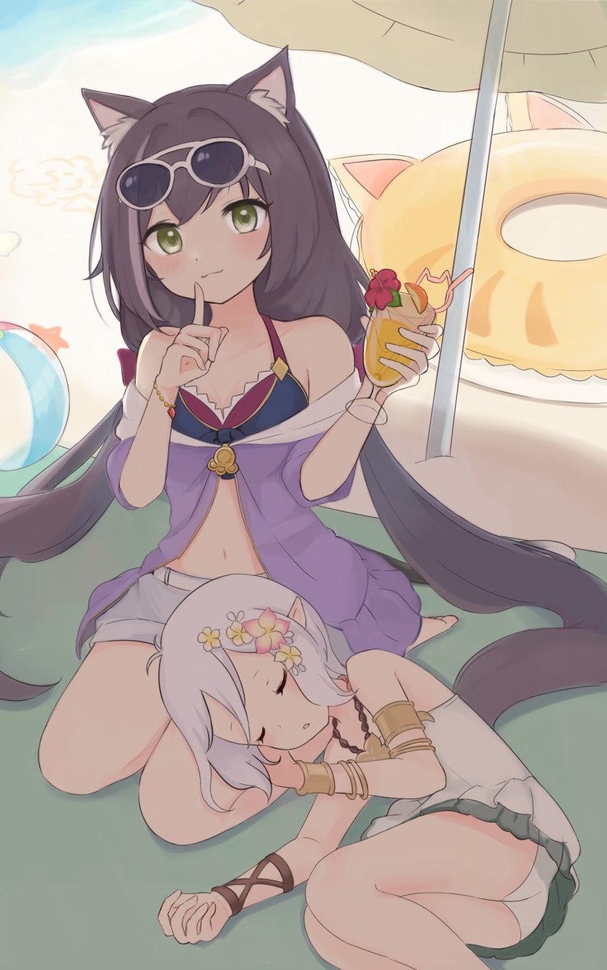 2girls, animal_ears, black_hair, cat_ears, cat_girl, cat_tail, elf, highres