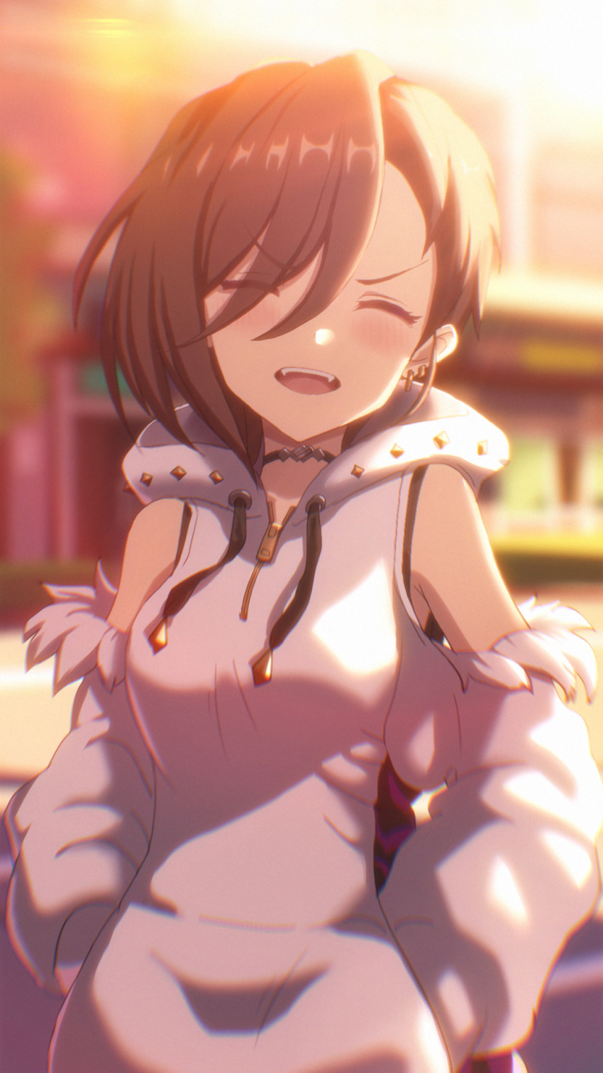 1girl, armpit_crease, asymmetrical_bangs, asymmetrical_hair, black_choker, blurry, blurry_background, blush