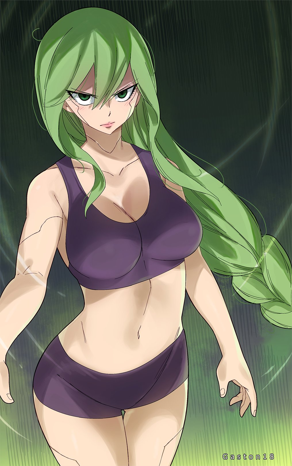 1girl, braid, breasts, cleavage, colorized, eden's_zero, gaston18, green_eyes