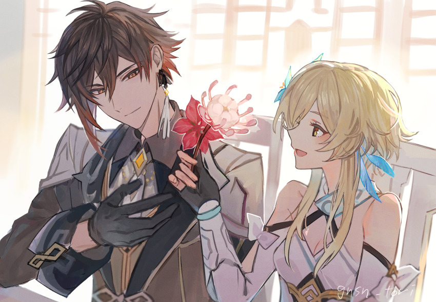 1boy, 1girl, absurdres, black_gloves, black_hair, blonde_hair, breasts, brown_hair