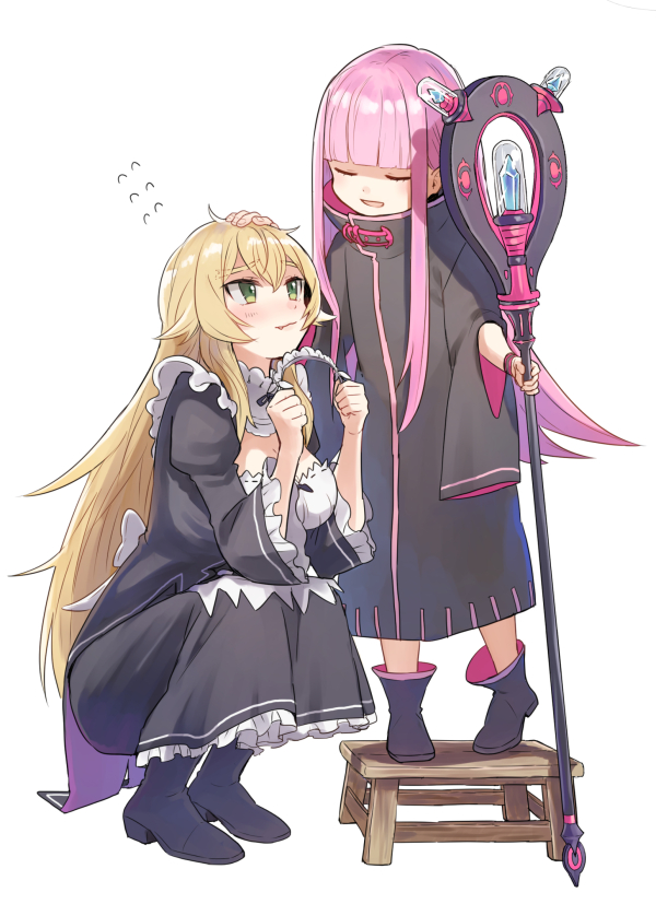 2girls, blonde_hair, blunt_bangs, blush, dress, frederica_baumann, frilled_dress, frilled_sleeves
