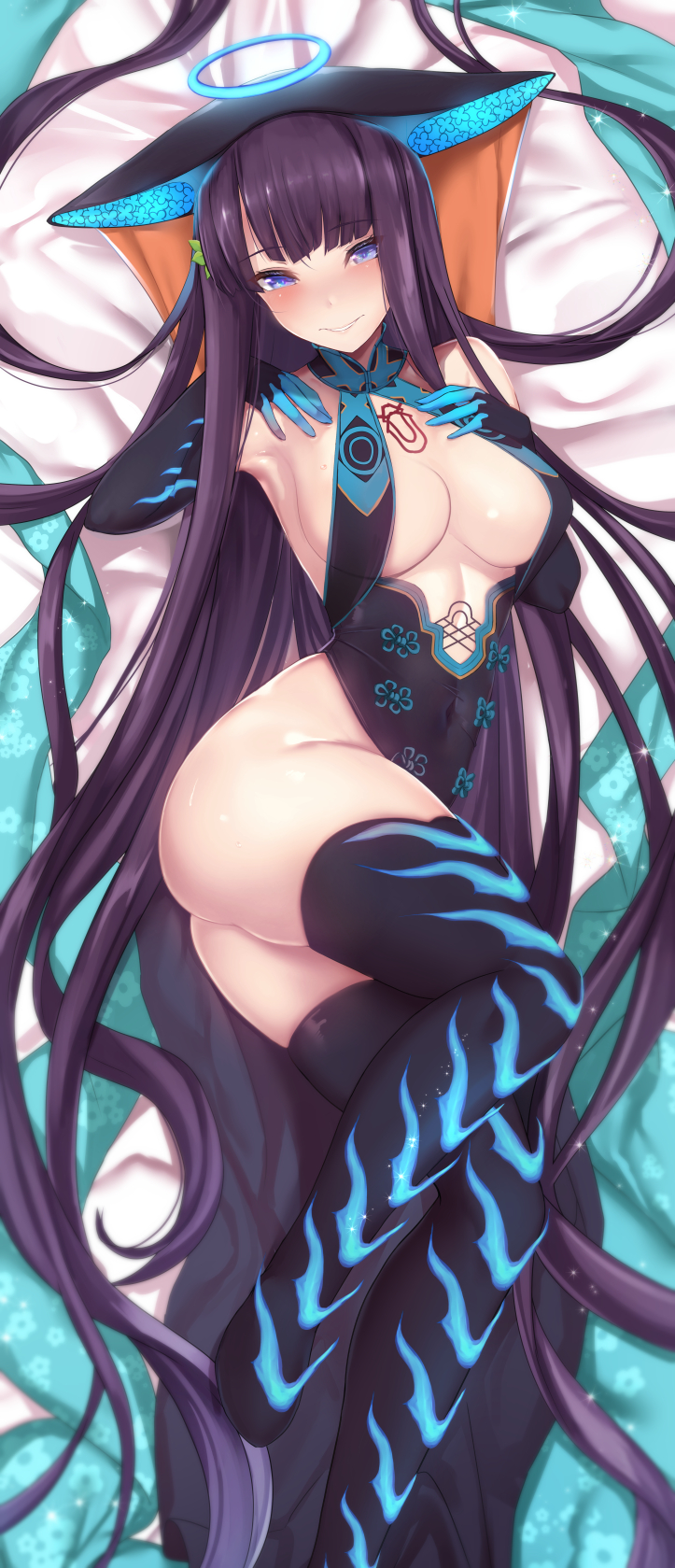 1girl, bare_shoulders, black_dress, black_gloves, black_headwear, black_thighhighs, blue_eyes, blunt_bangs