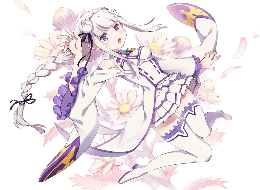 1girl, bare_shoulders, blunt_bangs, braid, dress, emilia_(re:zero), floral_background, flower