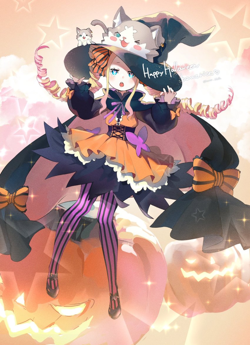:o, beatrice_(re:zero), blonde_hair, butterfly-shaped_pupils, cape, dress, drill_hair, frilled_dress, frills, halloween, hand_on_headwear, happy_halloween, highres, hiwa_kouta, jack-o'-lantern, puck_(re:zero), pumpkin, re:zero_kara_hajimeru_isekai_seikatsu, ribbon, symbol-shaped_pupils, twin_drills