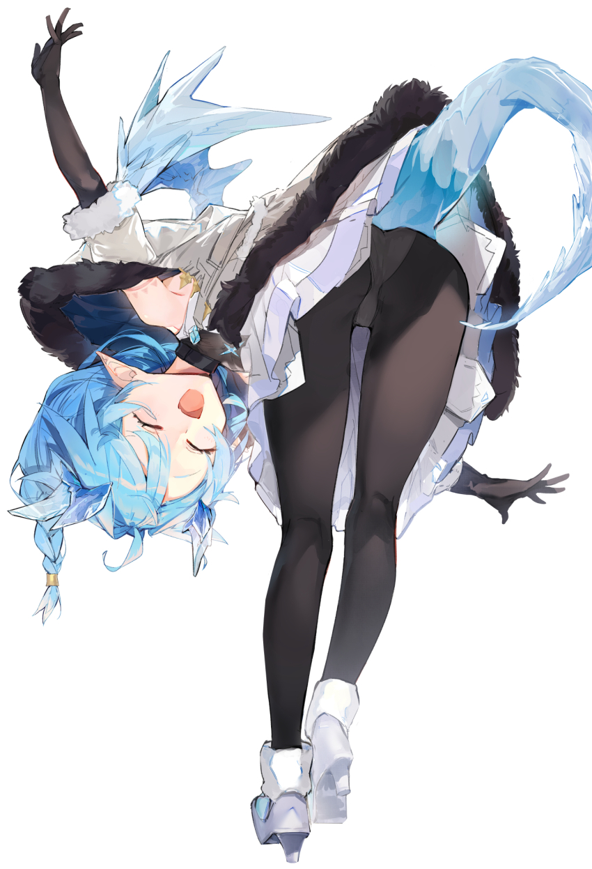 1girl, aida_(chinhung0612), black_legwear, blue_hair, blush, dragon_girl, dragon_horns, dragon_tail
