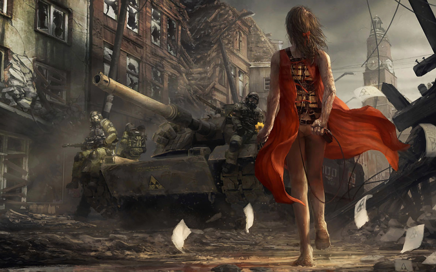 1girl, 3boys, armored_personnel_carrier, armored_vehicle, army, ass, bad_end, barefoot
