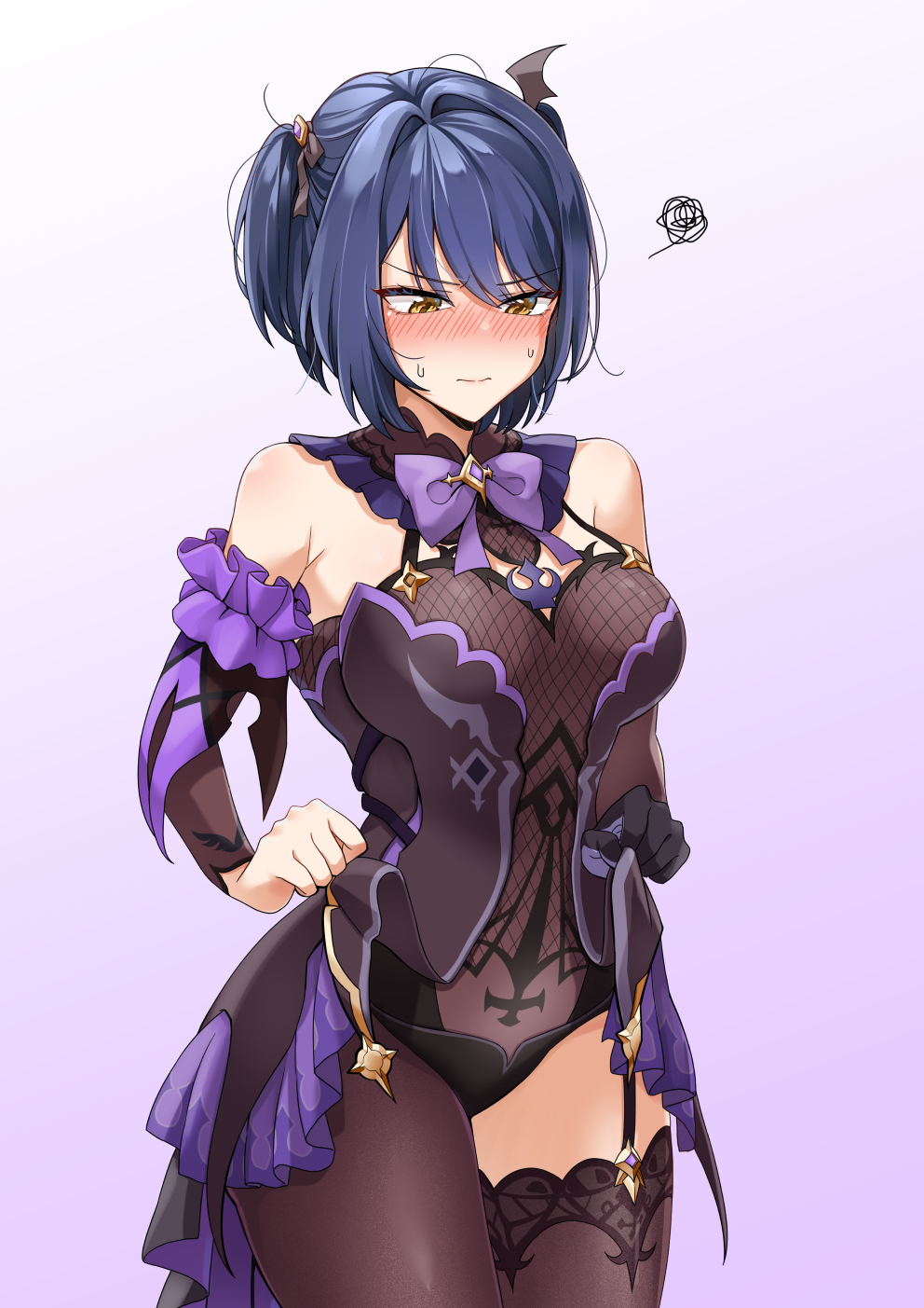 1girl, bare_shoulders, black_dress, black_hair, blush, bow, bowtie, breasts, brown_thighhighs, cosplay, cowboy_shot, detached_sleeves, dress, dulldull, embarrassed, fischl_(genshin_impact), fischl_(genshin_impact)_(cosplay), garter_straps, genshin_impact, gradient_background, highres, kujou_sara, large_breasts, long_sleeves, looking_down, nose_blush, short_hair, single_leg_pantyhose, single_thighhigh, solo, squiggle, sweatdrop, thighhighs, thighs, two_side_up, v-shaped_eyebrows, yellow_eyes