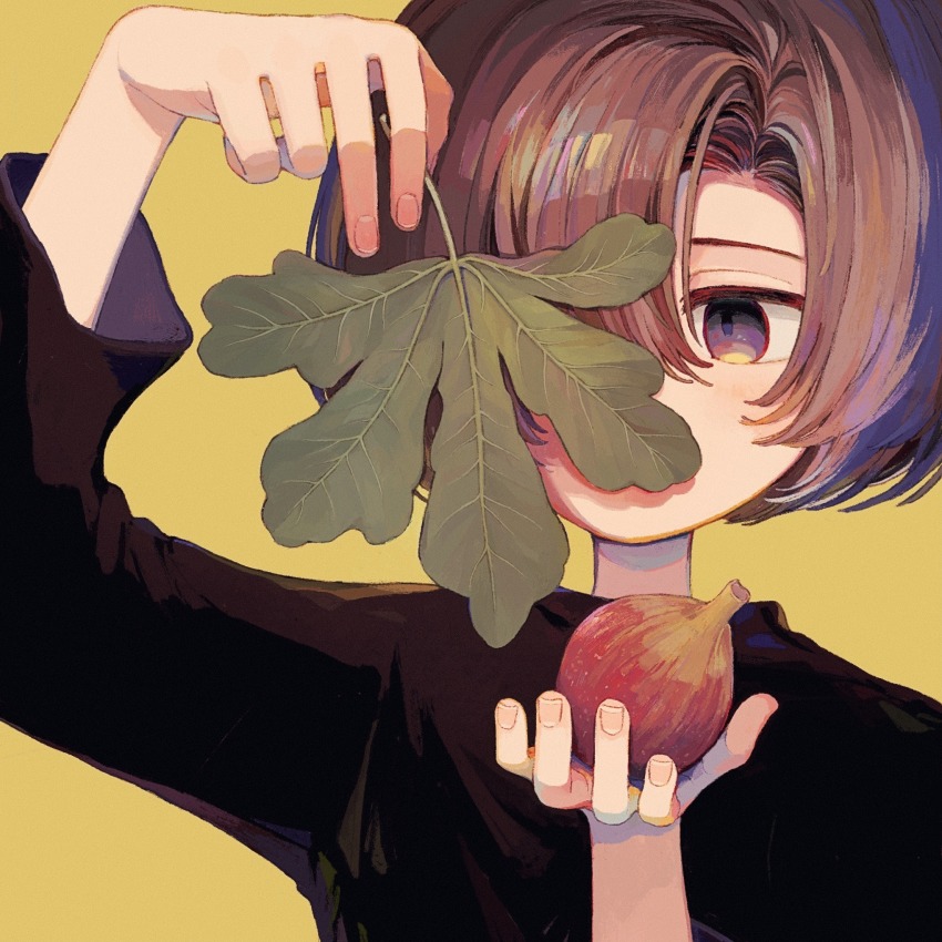 1other, androgynous, black_shirt, brown_hair, fig, fig_leaf, fingernails, food