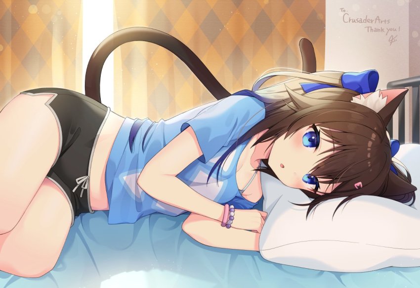 1girl, animal_ears, black_shorts, blue_bow, blue_shirt, blush, bow, bra