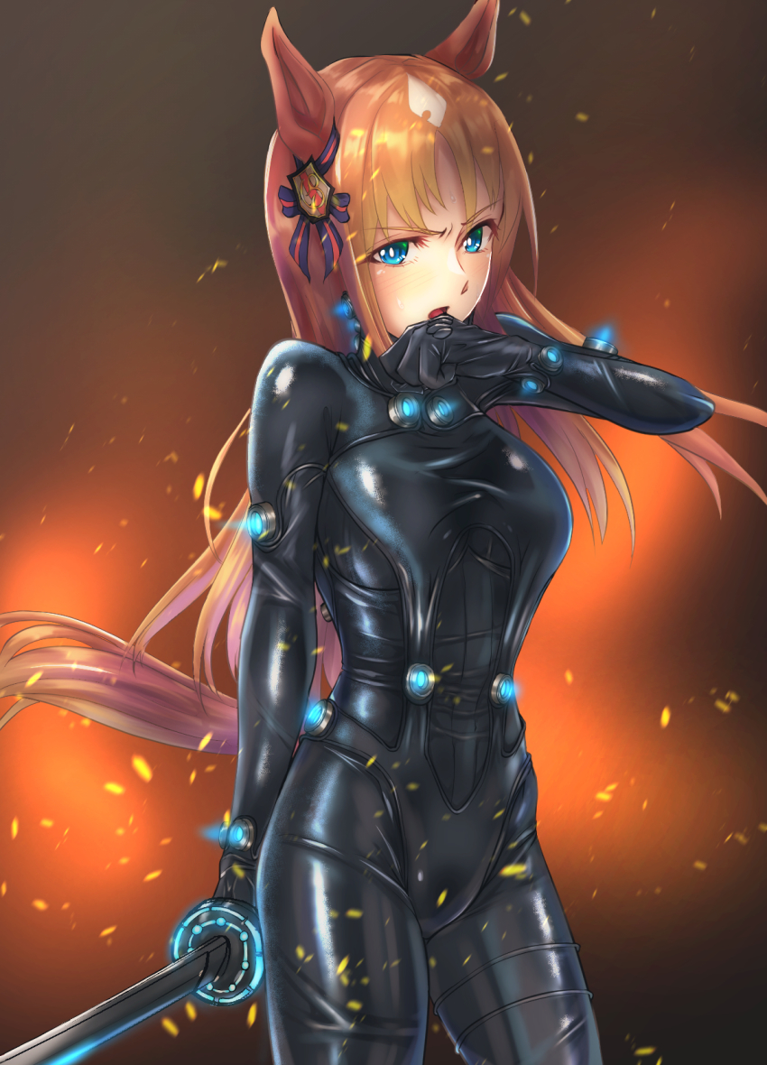 1girl, alternate_costume, animal_ears, black_bodysuit, blue_eyes, blush, bodysuit, breasts