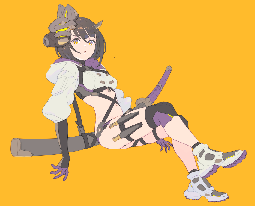 1girl, blade_horns, bob_cut, breasts, brown_hair, buttons, cropped_hoodie, double-breasted