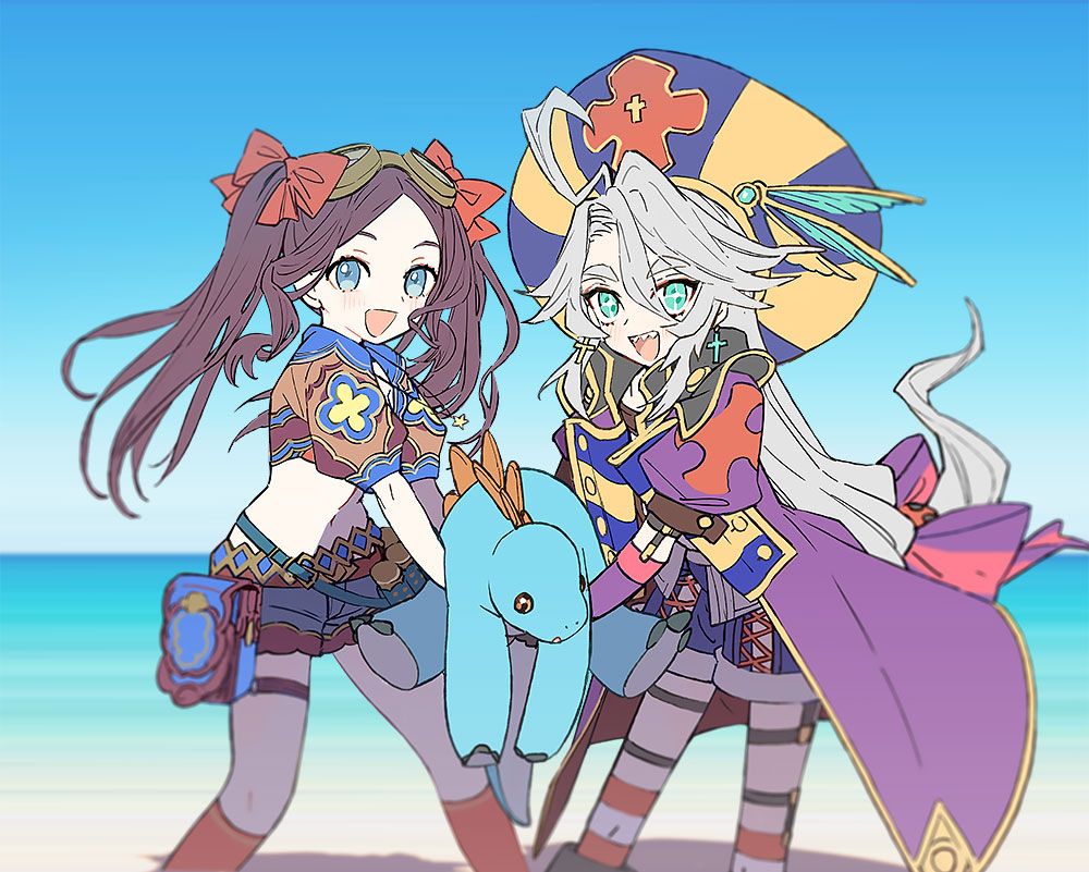 1boy, 1girl, aged_down, ahoge, aqua_eyes, bikini, bikini_top_only, blue_eyes, blue_shorts, blush, breasts, brown_gloves, brown_hair, christopher-kun_(fate), christopher_columbus_(fate), coat, collarbone, cross, cross_earrings, dinosaur, earrings, fate/grand_order, fate_(series), fingerless_gloves, forehead, gloves, goggles, hair_ribbon, jewelry, kneehighs, large_hat, leonardo_da_vinci_(fate), leonardo_da_vinci_(fate/grand_order), leonardo_da_vinci_(rider)_(fate), leonardo_da_vinci_(swimsuit_ruler)_(fate), long_hair, looking_at_viewer, navel, necklace, open_clothes, open_coat, open_mouth, parted_bangs, puffy_short_sleeves, puffy_sleeves, purple_coat, red_bikini, red_ribbon, red_socks, ribbon, sharp_teeth, short_shorts, short_sleeves, shorts, shrug_(clothing), sidelocks, small_breasts, smile, socks, sparkling_eyes, ste-kun_(fate), stegosaurus, swimsuit, teeth, thighs, twintails, very_long_hair, wada_arco, white_hair