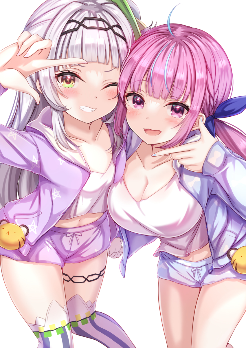 2girls, ahoge, black_hairband, blue_eyes, blue_jacket, blue_ribbon, blue_shorts, blush, breasts, commentary, finger_frame, finger_frame_duo, grin, hair_ornament, hair_ribbon, hairband, highres, hololive, jacket, large_breasts, leaning_forward, long_hair, long_sleeves, looking_at_viewer, minato_aqua, multicolored_hair, multiple_girls, murasaki_shion, open_clothes, open_jacket, open_mouth, over-kneehighs, purple_eyes, purple_hair, purple_jacket, purple_shorts, ribbon, shirt, shorts, silver_hair, simple_background, smile, standing, streaked_hair, striped_clothes, striped_legwear, striped_thighhighs, untranslatable_commentary, thigh_strap, thighhighs, vertical-striped_clothes, vertical-striped_thighhighs, very_long_hair, virtual_youtuber, white_background, white_shirt, yellow_eyes, yuano
