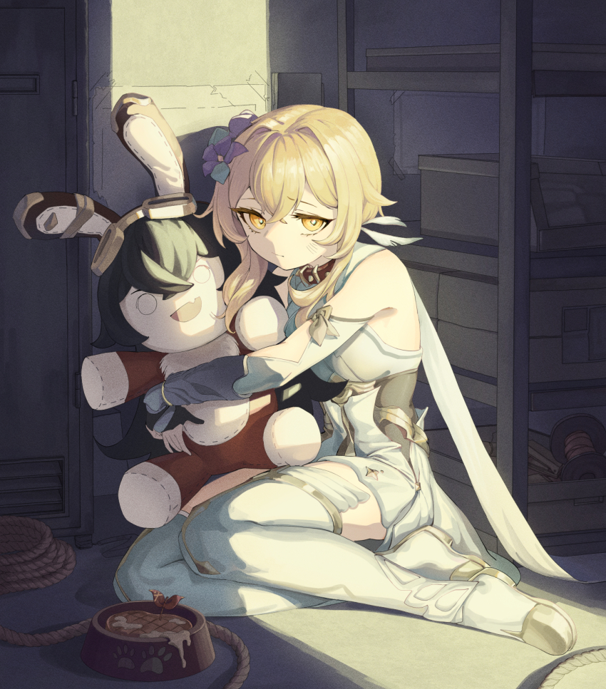 2girls, animal_ears, bare_shoulders, baron_bunny_(genshin_impact), blonde_hair, bowl, brown_hair, dress